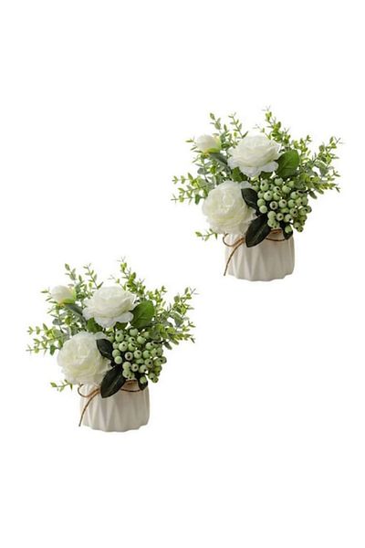 TrioStore Set cu 2 Buchete de Trandafiri Artificiali in Ghiveci din Ceramica, Ceramica/Plastic, 20x20 cm, Alb