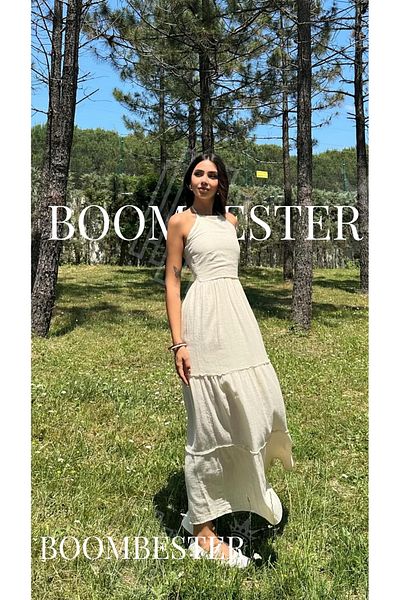 BoomBester Γυναικείο μάξι φόρεμα 100% λινό με δεμένο λαιμό με ανοιχτή μέση - Premium κομψότητα και άνετο καλοκαίρι