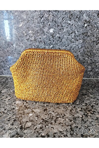 Karce Metalik gold ipli burslu el örmesi cluch çanta