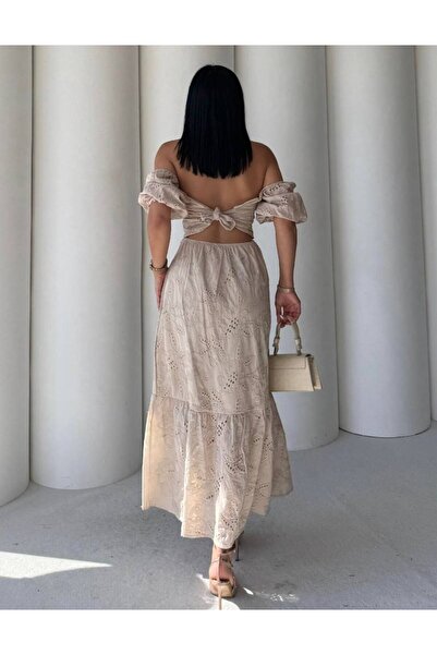 Bak'ap Premium Brode Starfish Detailed Back Low-Cut Maxi Long Brode Dress