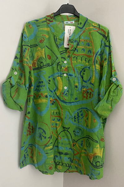 AYASOFYA OTANTIK Γυναικεία ιταλική πράσινη μπλούζα με μοτίβο ψαριού με λεπτομέρεια με πτυσσόμενο μανίκι 100% βαμβάκι