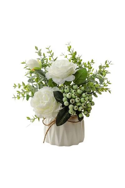 TrioStore Buchet Trandafiri Artificiali in Ghiveci din Ceramica, Ceramica/Plastic, 20x20 cm, Alb