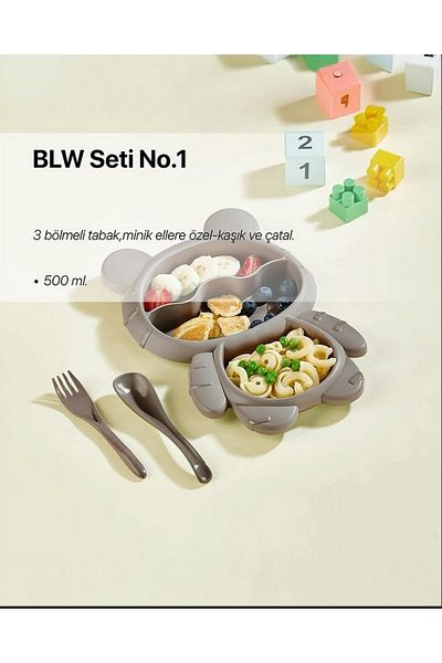 Leony Teddy Bear Shaped 3 Compartment Children's Baby Food Plate with Fork and Spoon Feeding Container