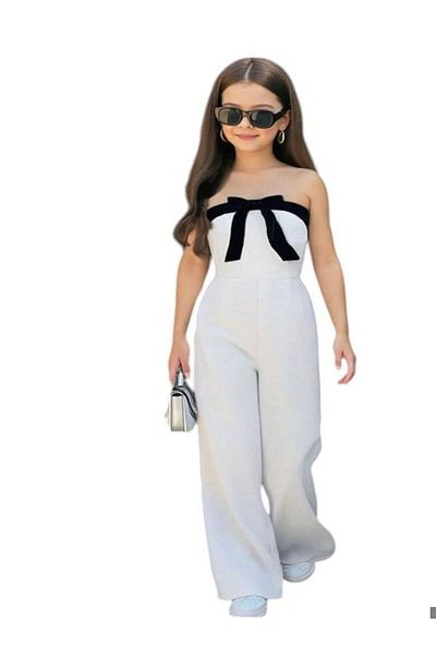 NİSAY BOUTİQUE Girl's White Strapless Black Bow Detailed Wide Leg Summer Stylish Jumpsuit Dress