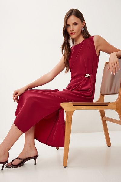 Lovelyİstanbul Draped Midi Woven Dress with Accessories Bordo Lrv0113