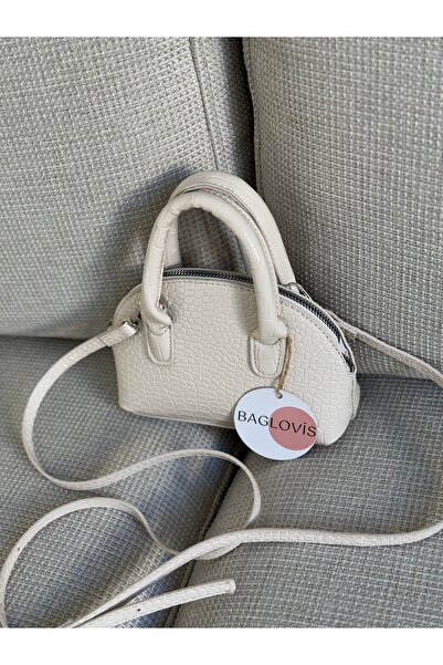 BAGLOVİS Croco Leather Small Hand and Cross Cream Women's Shoulder Bag En18 Boy12