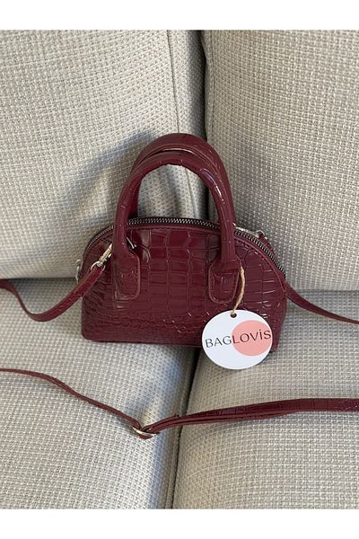 BAGLOVİS Croco Leather Small Hand and Cross Bordo Women's Shoulder Bag En18 Boy12