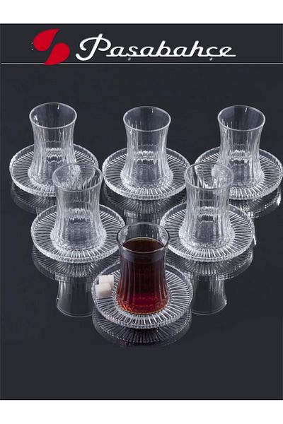 Seyid Satin Gelgör Pashabahçe Stamped Boxed 12 Piece Elysia Tea Set Set 6 Cups 6 Coasters