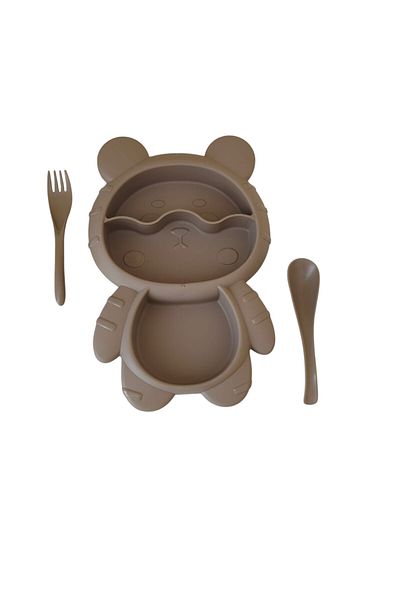 Leony Teddy Bear Shaped 3 Compartment Children's Baby Food Plate with Fork and Spoon Feeding Container