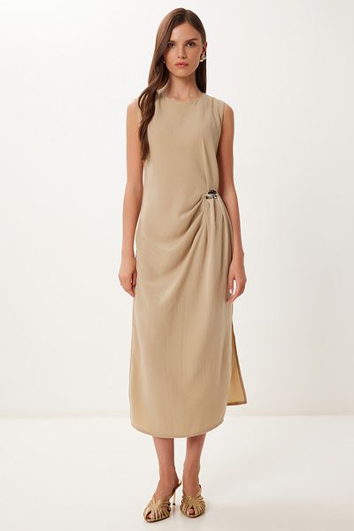 Lovelyİstanbul Draped Midi Woven Dress with Accessories Beige Lrv0113