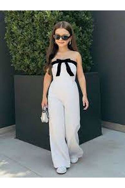 NİSAY BOUTİQUE Girl's White Strapless Black Bow Detailed Wide Leg Summer Stylish Jumpsuit Dress