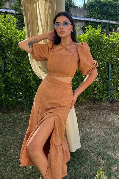 DİONNA Bottom-Top Linen Suit Blouse and Skirt