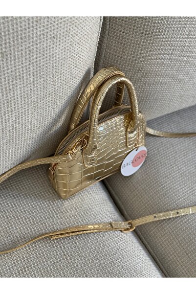 BAGLOVİS Croco Leather Small Hand and Cross Gold Women's Shoulder Bag En18 Boy12