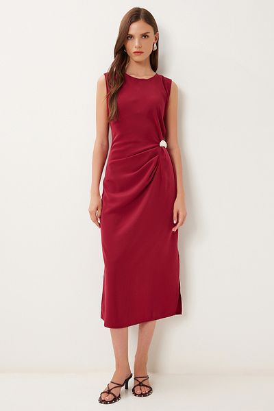 Lovelyİstanbul Draped Midi Woven Dress with Accessories Bordo Lrv0113
