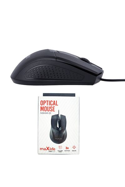 MaxLife Naturals Wired Optical Mouse, Maxlife Home Office MXHM-01, 1000 DPI, 1.2m cable, 112 x 62 x 36 mm, black