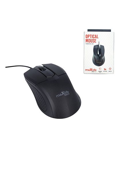 MaxLife Naturals Wired Optical Mouse, Maxlife Home Office MXHM-01, 1000 DPI, 1.2m cable, 112 x 62 x 36 mm, black