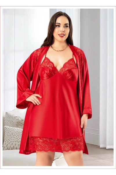 Viselya Set de dantelă cămăși de noapte și halate din satin roșu, mărime mare...