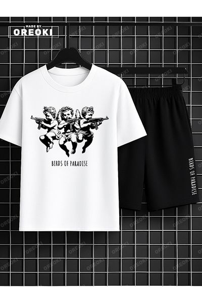 EFFRENATU Children of Heaven Printed Cotton Unisex White T-Shirt-Black Shorts Set
