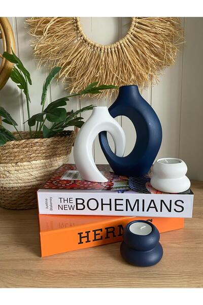 Porselian Set de vază și suport pentru lumânări, albastru bleumarin, alb, boe...