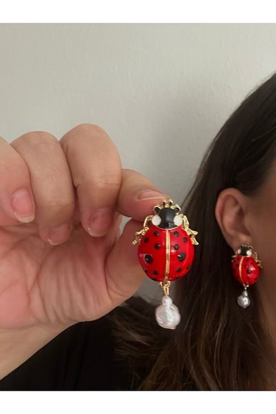 ALS Tasarım Dünyası Women's Red Color Ladybug Stylish Design Earrings with Pearl on the Bottom