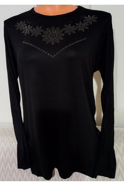 Anne Er Clothing Mother Summer Combed Cotton Blouse Long-Sleeve Crew Neck with Stones