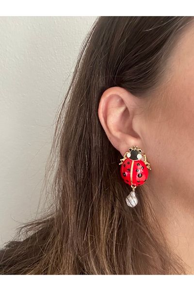 ALS Tasarım Dünyası Women's Red Color Ladybug Stylish Design Earrings with Pearl on the Bottom