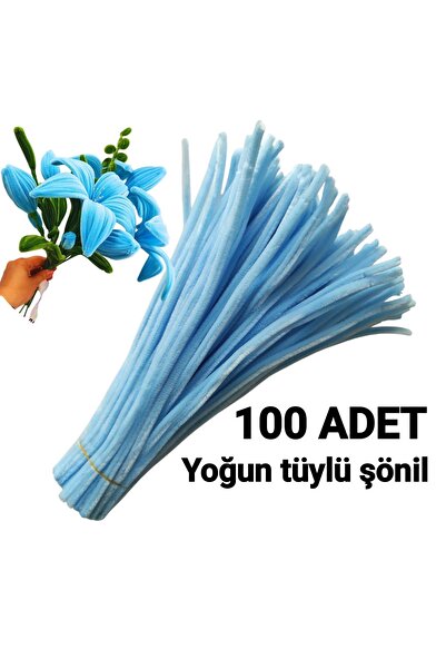 Butik 100 Adet Buz Mavisi Şönil, Çiçek Yapımına Uygun Tüylü Tel, 30 Cm 6mm