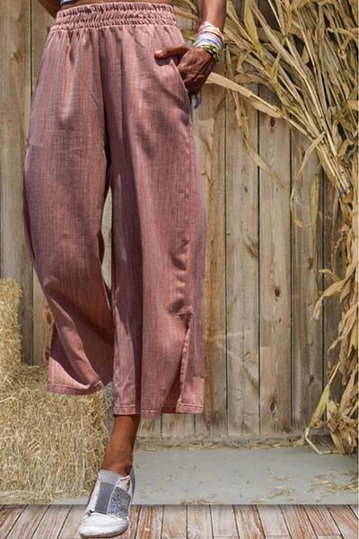 Pasaklı Giyim Women's Burgundy Linen Elastic Waist Pocketed Leg Slit Casual Capri Bermuda Pants 3404209
