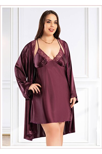 Viselya طقم ثوب نوم من الساتان البرقوقي مقاس كبير