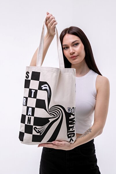 elmaa butik Trend Baskili Bez Çanta-345 gram gabardin 35x40x8 cm tam koruklu çanta