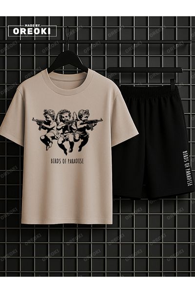 EFFRENATU Children of Heaven Printed Cotton Unisex Beige T-Shirt-Black Shorts Set