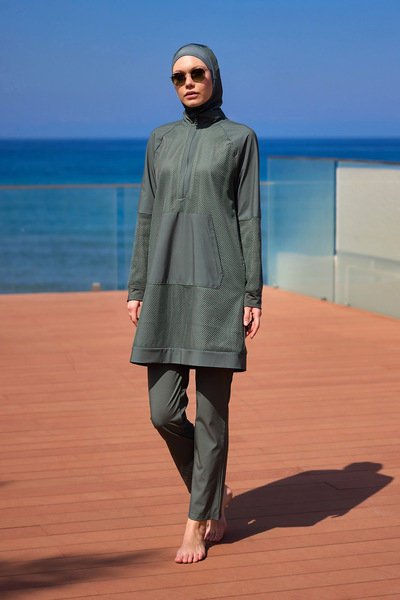 Marina Swimwear Haki Tam Kapalı Tesettür Mayo Tül Detaylı, Sabitlemeli, M2534-3
