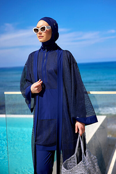 Marina Tam Boy Lacivert Tül Kimono – Serin Tutan Kuşaklı File Pareo P2501-2