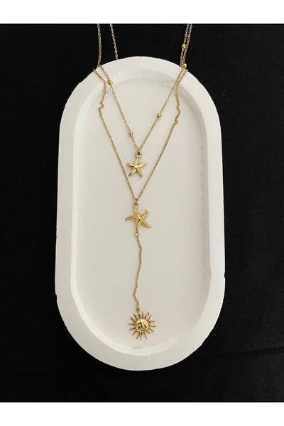 Luna Y Model İkili Deniz Yıldızı Güneş Çelik Gold Kolye