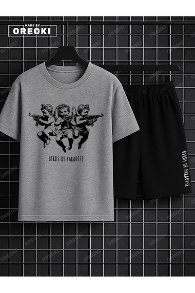 EFFRENATU Children of Heaven Printed Cotton Unisex Gray T-Shirt-Black Shorts Set