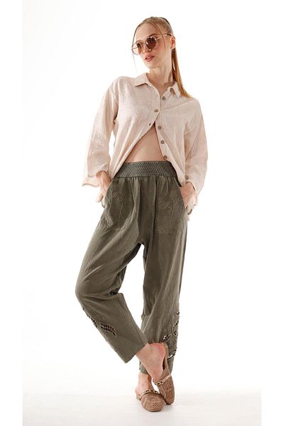 shE tekstil Embroidered Leg Trousers Khaki