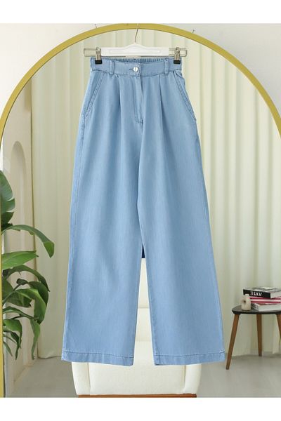 Modamorfo Half Elastic Double Pocket Wide Leg Jeans - Light Blue