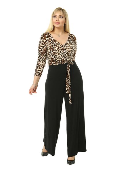 MELSAY Women's Black Leopard Patterned Large Size Double Breasted Collar Jumpsuit