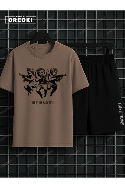 EFFRENATU Children of Heaven Printed Cotton Unisex Light Brown T-Shirt-Black Shorts Set