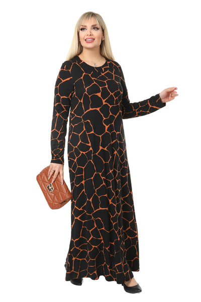 MELSAY Women's Long Sleeve Black Orange Stone Pattern Plus Size Long Dress
