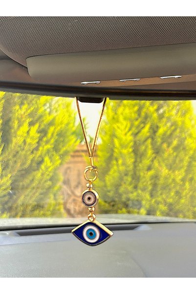 Azrua Gilded Navy Blue Slanted Eye Shaped Evil Eye Beaded Car Mirror Ornament Car Amulet Evil Eye Protection