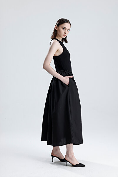 Sense Bottom Woven Top Type Viscosa Sleeveless Dress |   Elb36288 Black