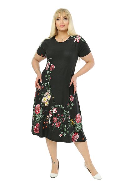 MELSAY Women's Black Short Sleeve Crew Neck Floral Pattern Midi Dress