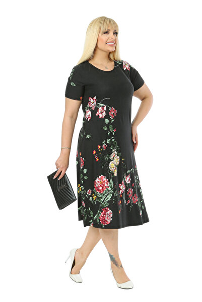 MELSAY Women's Black Short Sleeve Crew Neck Floral Pattern Midi Dress