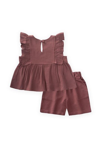 Cigit Robe Embroidered Shorts Linen Suit 2-7 Years Old Plum