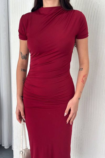 MOZENA Sandy Fabric Short Sleeve Drape Detail Long Dress