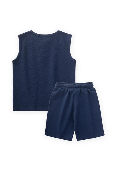 Cigit Style Line Detailed Zero Sleeve Waffle Suit 2-7 Years Navy Blue