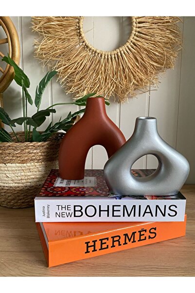 Porselian Vază decorativă dublă boemă de culoare cărămidă și argintie, set de 2