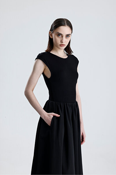 Sense Bottom Tricotton Top Lycra Viscose Elastic Waist Sleeveless Dress |   Elb36283 Black