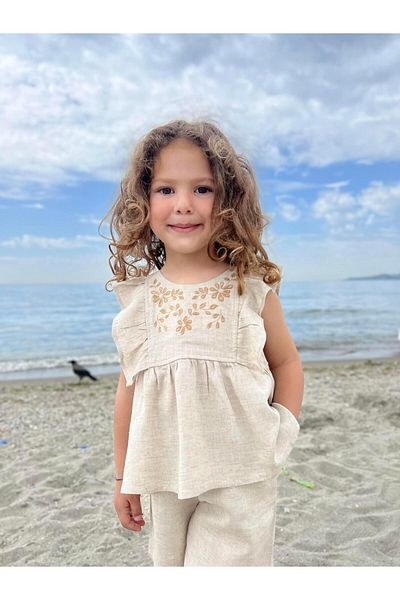 Cigit Robe Embroidered Shorts Linen Suit 2-7 Years Natural